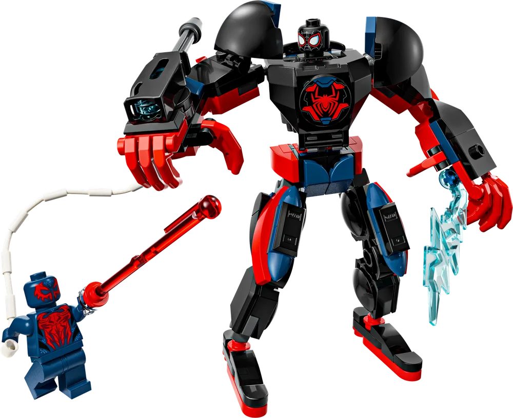 A large black, red, and blue mech stands next to a black Miles Morales minifigure, holding a red staff and a white webline.