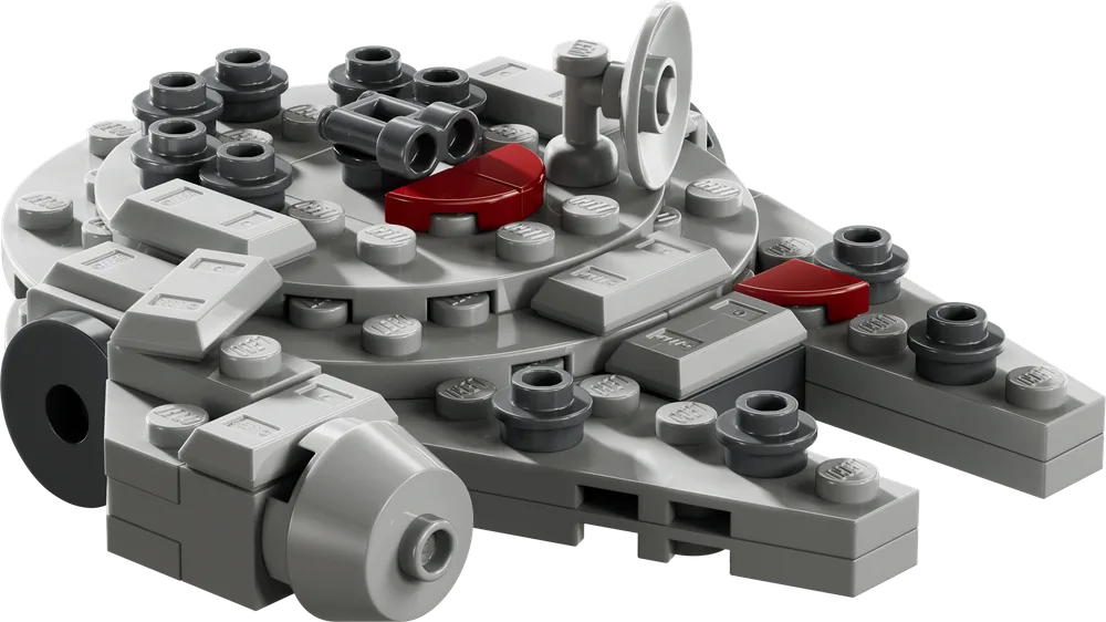 A detailed micro-scale LEGO model of the Millennium Falcon from Star Wars, viewed from the front-right, featuring a radar dish and various greebled elements.