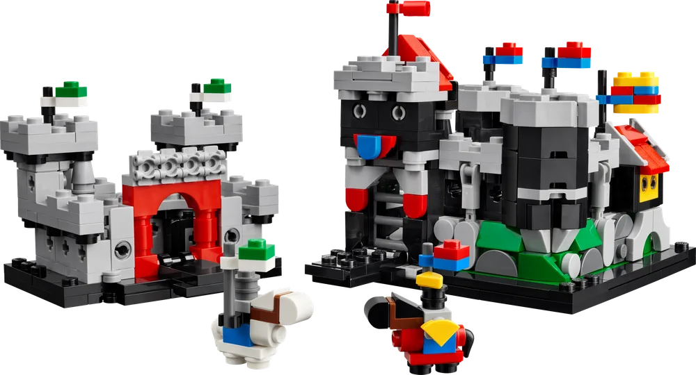 Two miniature LEGO castles, one light gray and red, the other dark gray and black, with two small knight figures.