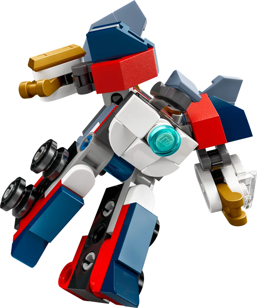 A LEGO Ninjago Mini Ninja Combo Mech in a dynamic, action-oriented pose, showcasing its blue, red, white, and gold color scheme against a white background.