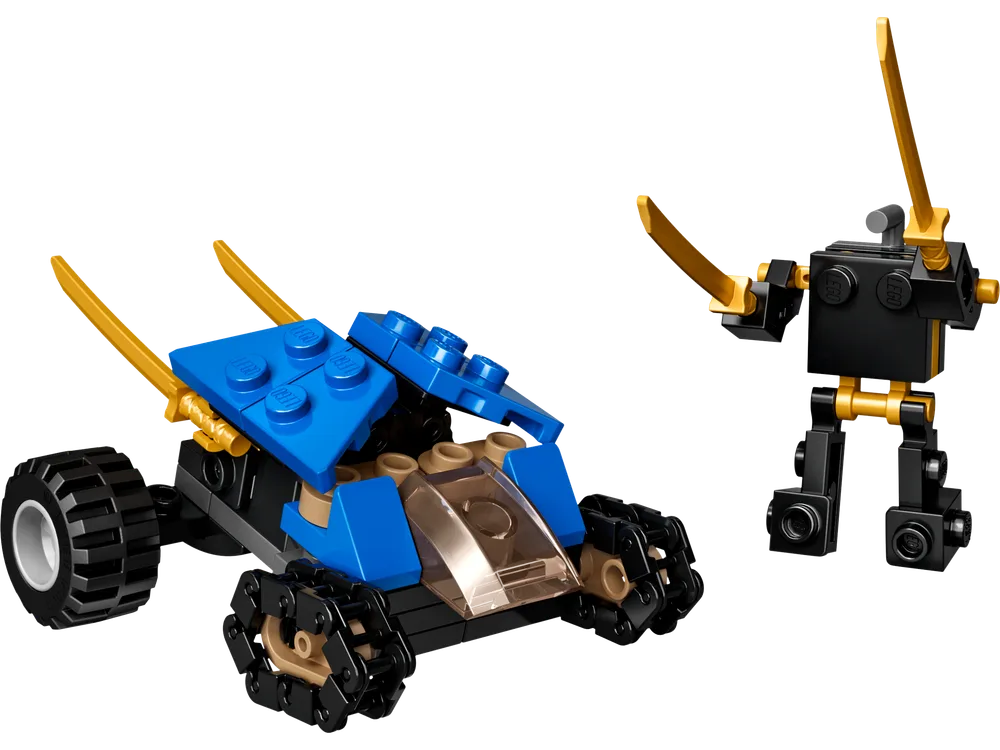 A small blue and black LEGO vehicle with gold swords and a black robot with gold swords on a white background.