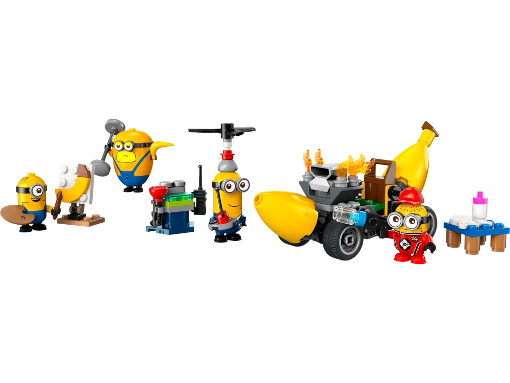 LEGO Minions and Banana Car 75580 set with four Minifigures and various banana-themed builds.