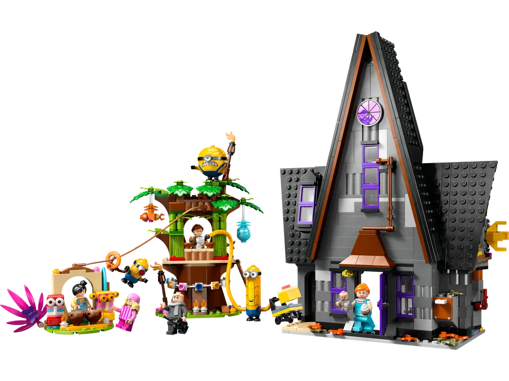 Full view of the LEGO Gru's Family Mansion and the Minions' treehouse play area, with Gru and a Minion at the mansion door, and other Minions and characters around the treehouse.