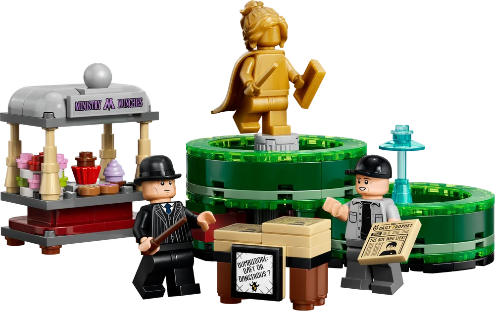 The LEGO Harry Potter Ministry Munchies & Daily Prophet Stands set 40901, featuring Cornelius Fudge, a Daily Prophet Vendor, a golden statue, a two-tiered fountain with trans-green water, a newspaper stand, and a food cart with cupcakes and donuts.