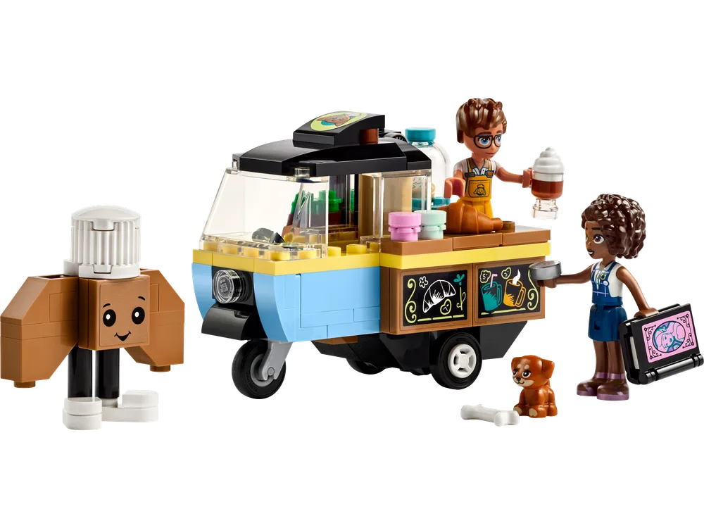 The LEGO Friends Mobile Bakery Food Cart, featuring Aliyah, a customer minifigure, and a dog, is shown in a full view, highlighting its vibrant colors and compact design.