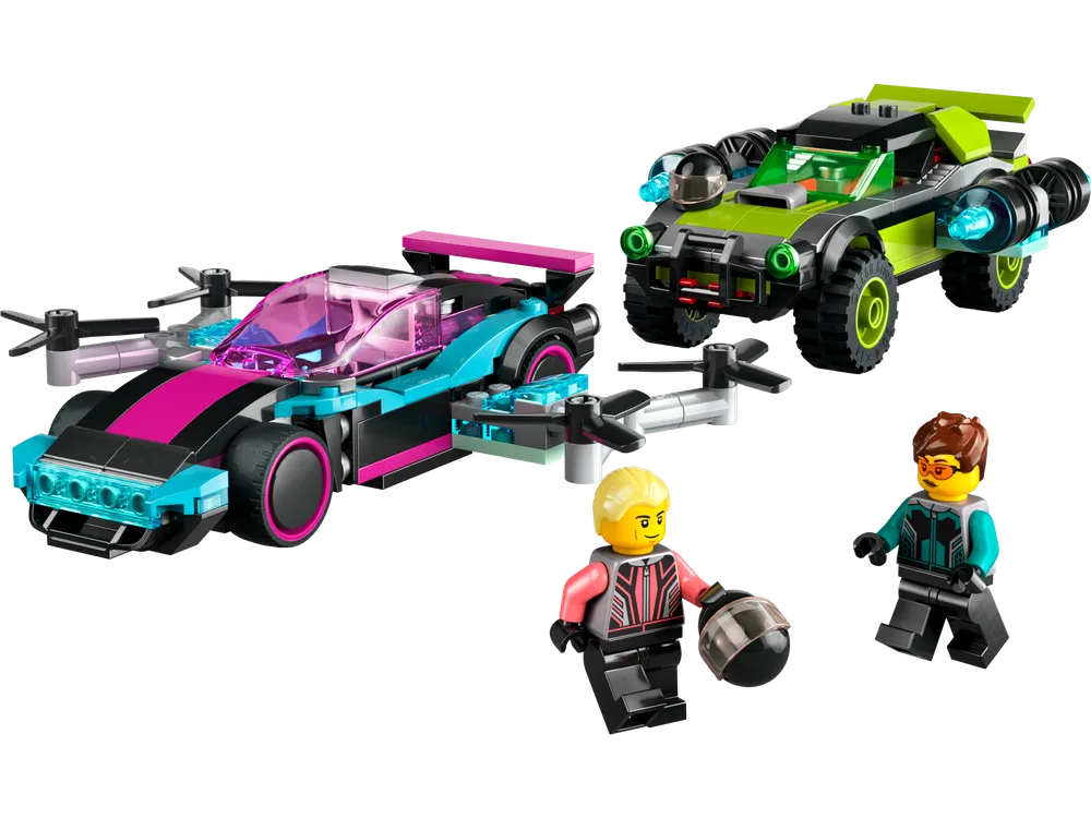 A sleek pink and black flying car and a rugged green and grey monster truck with thrusters, alongside two minifigures, all against a white background.