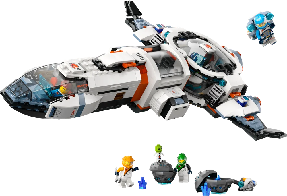 LEGO City Galactic Spaceship 60446, fully assembled with minifigures and a small jetpack drone.