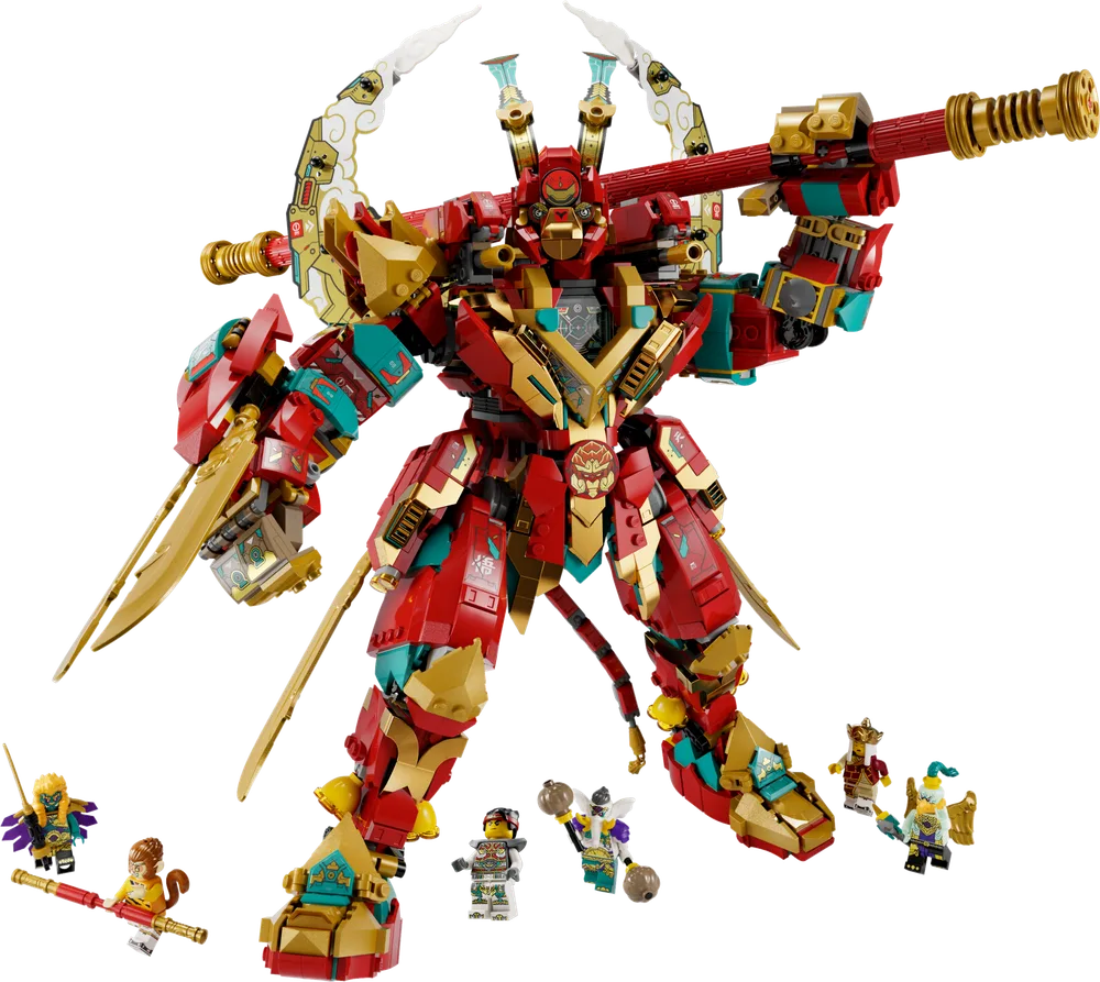 The fully assembled LEGO Monkie Kid Ultra Mech standing tall in a heroic pose, holding a large golden staff. Several minifigures are positioned around its feet, including Monkey King, Red Son, and other demon characters.