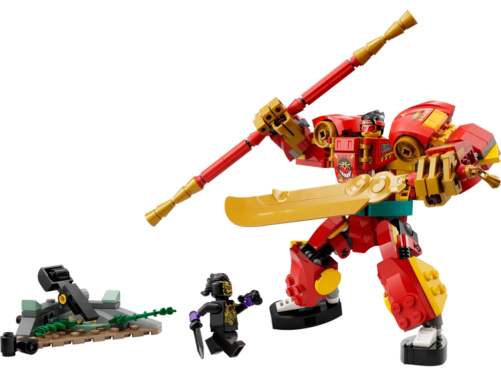 The LEGO Monkie Kid's Combi Mech, a red and gold robotic figure, stands in a dynamic pose with its golden staff. The Monkie Kid minifigure is seated within, while an Ink Demon minifigure and a small side build are nearby.