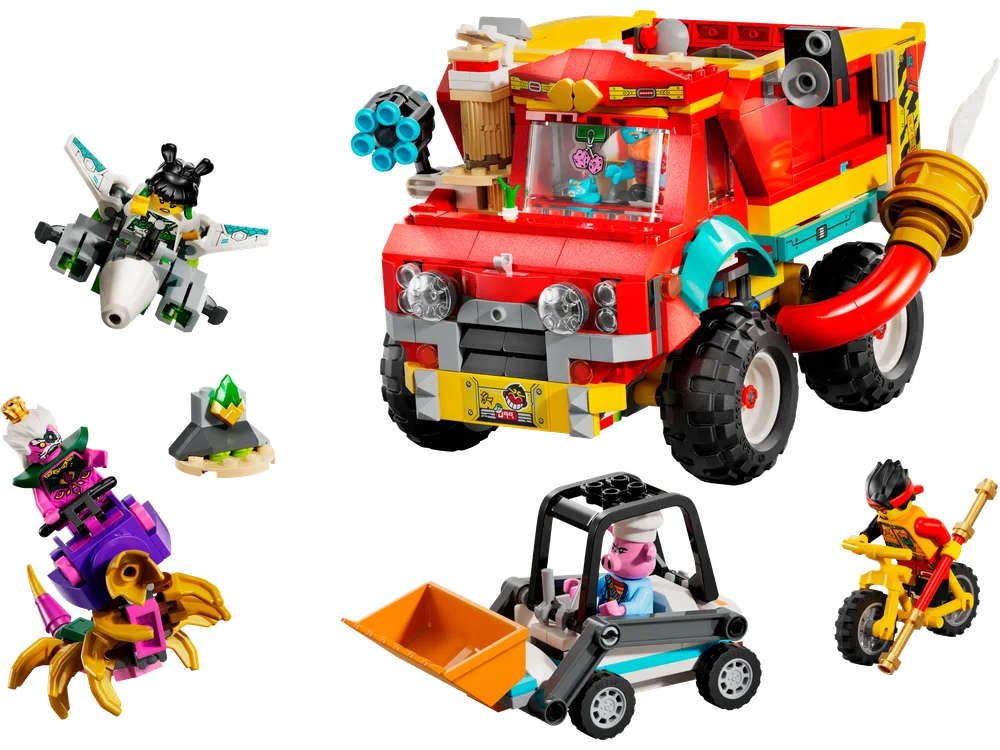 Full view of the LEGO Monkie Kid's Team Power Truck set, showcasing the main truck, smaller vehicles, and minifigures, including Monkie Kid, Mei, Pigsy, Sandy, Mo, and the Demon Bull King.