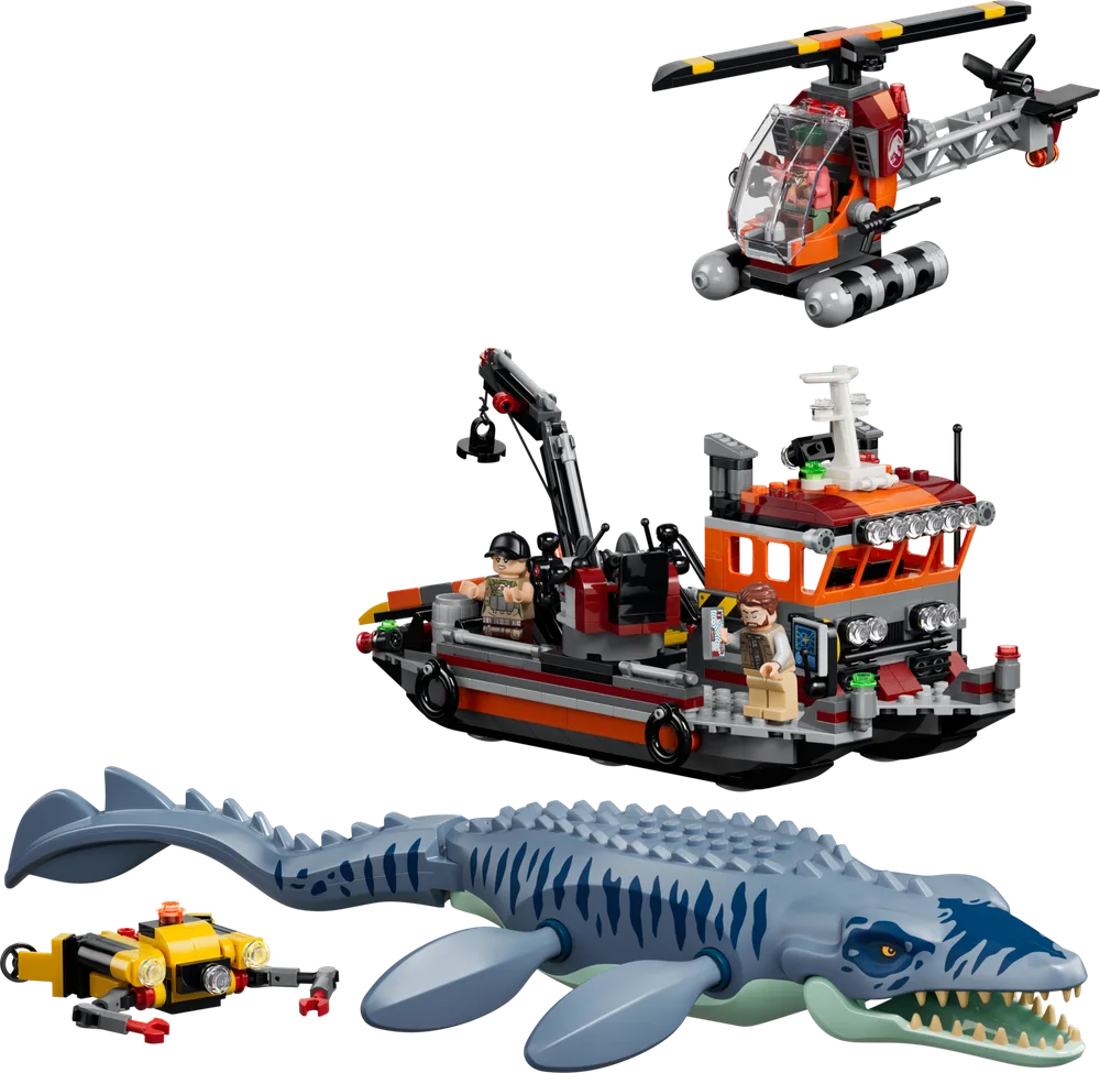 A LEGO Jurassic World set featuring a large blue Mosasaurus, a red and orange research boat with minifigures, a red and orange helicopter, and a small yellow submarine.