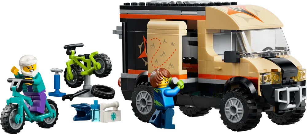 LEGO City Mountain Bike Adventure Van with two minifigures, two bikes, repair stand, and tools.