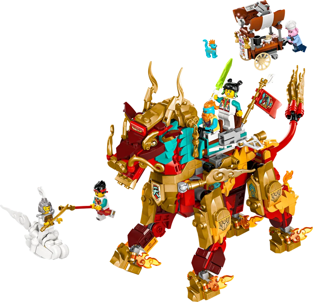 The LEGO Monkie Kid Qilin beast with Monkie Kid, Mei, the Celestial Warrior, and Pigsy's food cart.