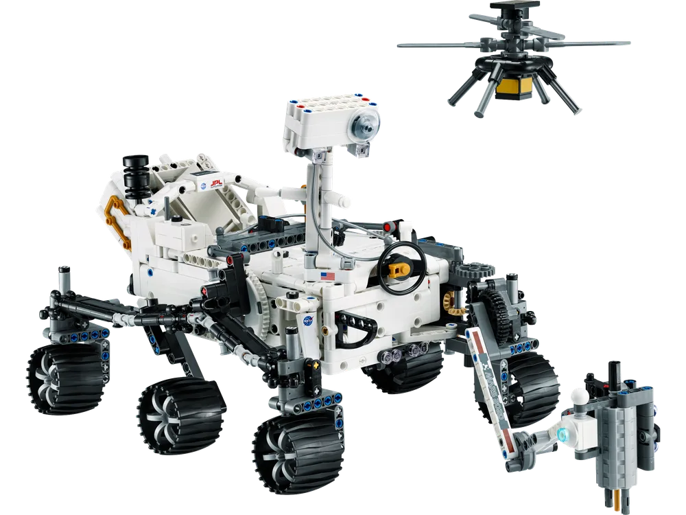 A detailed LEGO Technic model of the NASA Mars Rover Perseverance and the Ingenuity helicopter on a white background.