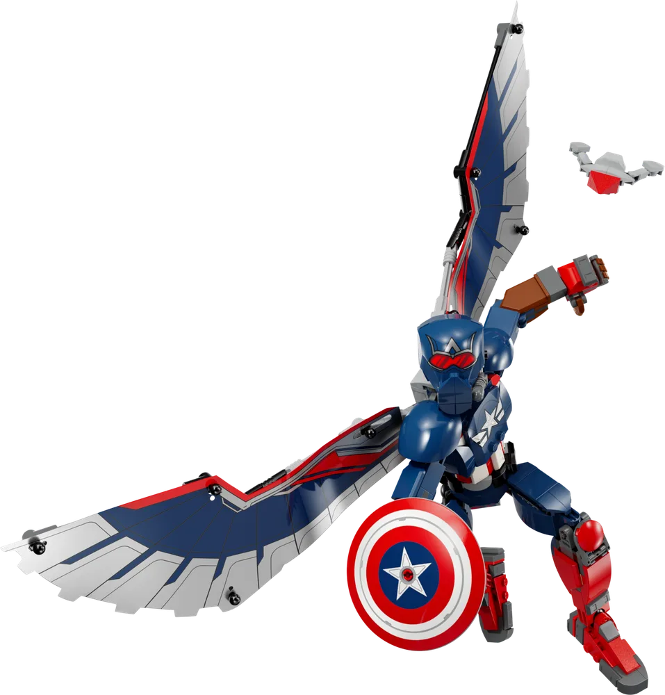 LEGO Marvel Captain America Construction Figure (76296) in a dynamic mid-air pose, shield raised, with wings fully spread and a small drone hovering.