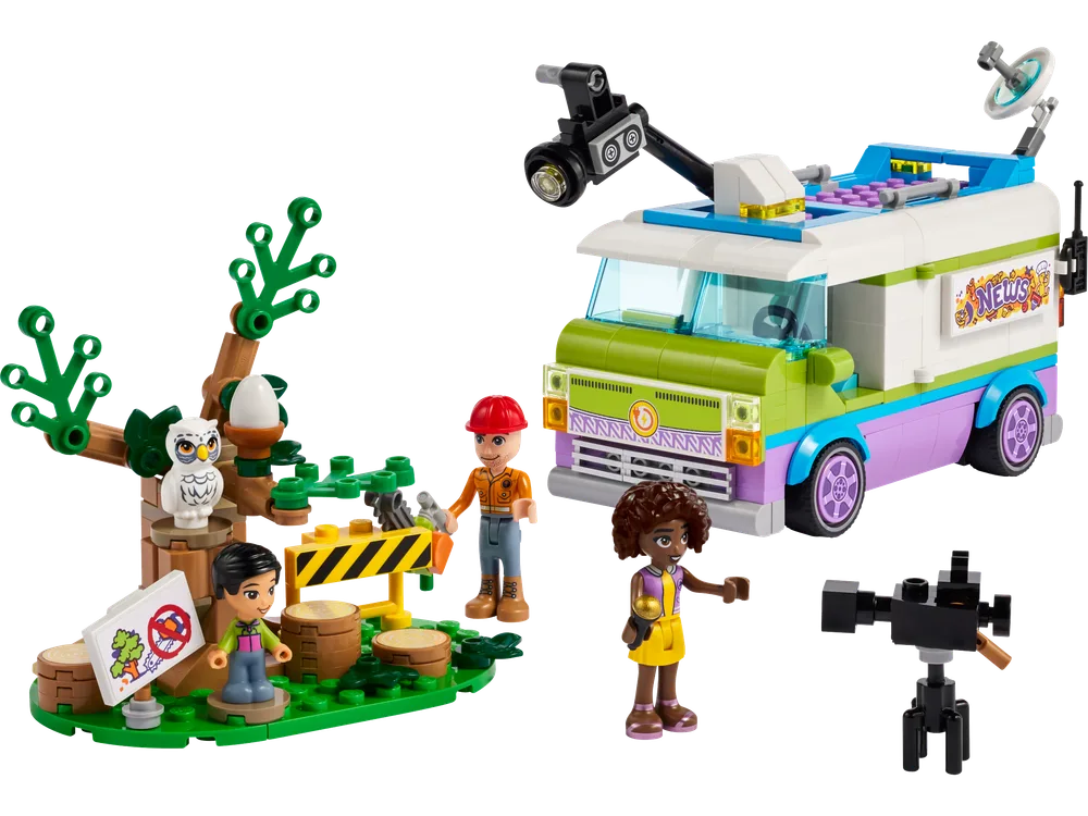 Full LEGO Friends 41749 Newsroom Van set with van, tree, owl, and minifigures Aliya, Peter, and Darrel.
