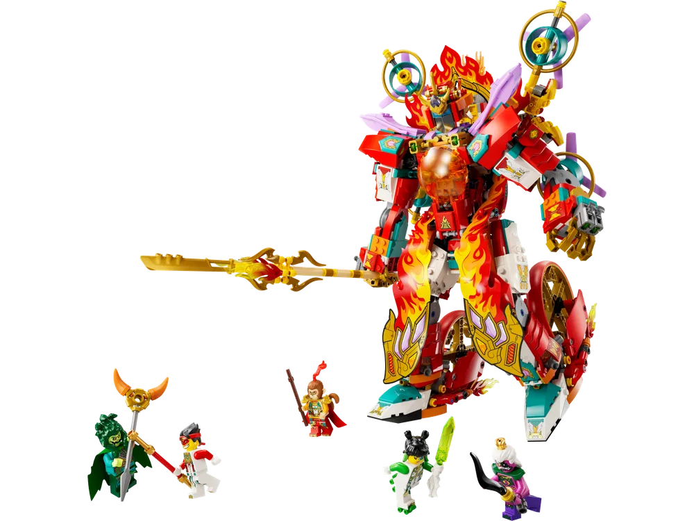 LEGO Monkie Kid Nezha's Ring of Fire Mech (Set 80057) standing with sword and minifigures: Monkie Kid, Nezha, and several Ink Demons.
