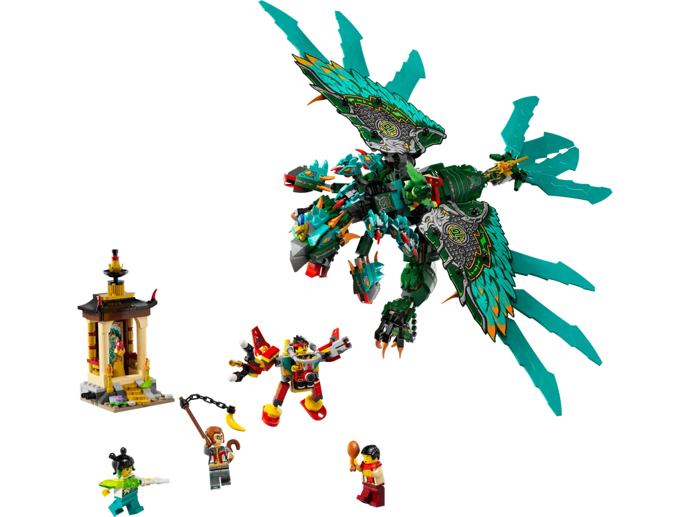 Full LEGO Monkie Kid set 80056 with the Dragon of the East, a mech, a temple, and minifigures on a white background.