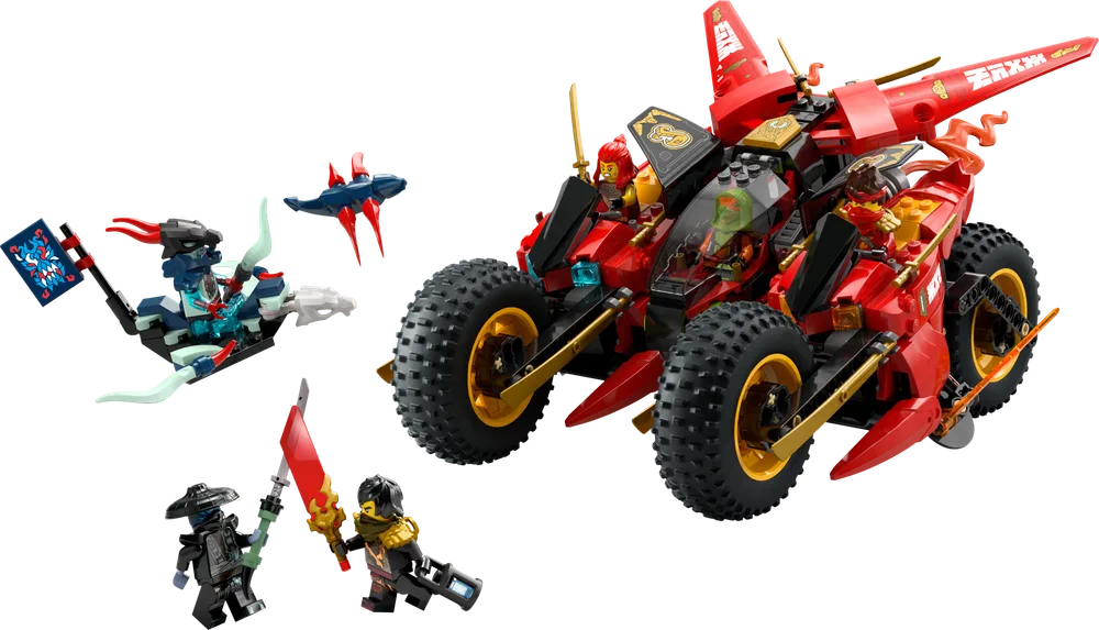 The LEGO Ninjago 71844 Ninja Combat Vehicle set, featuring a large red and black combat buggy with large wheels, a small blue flying enemy, and three minifigures, all posed dynamically against a white background.