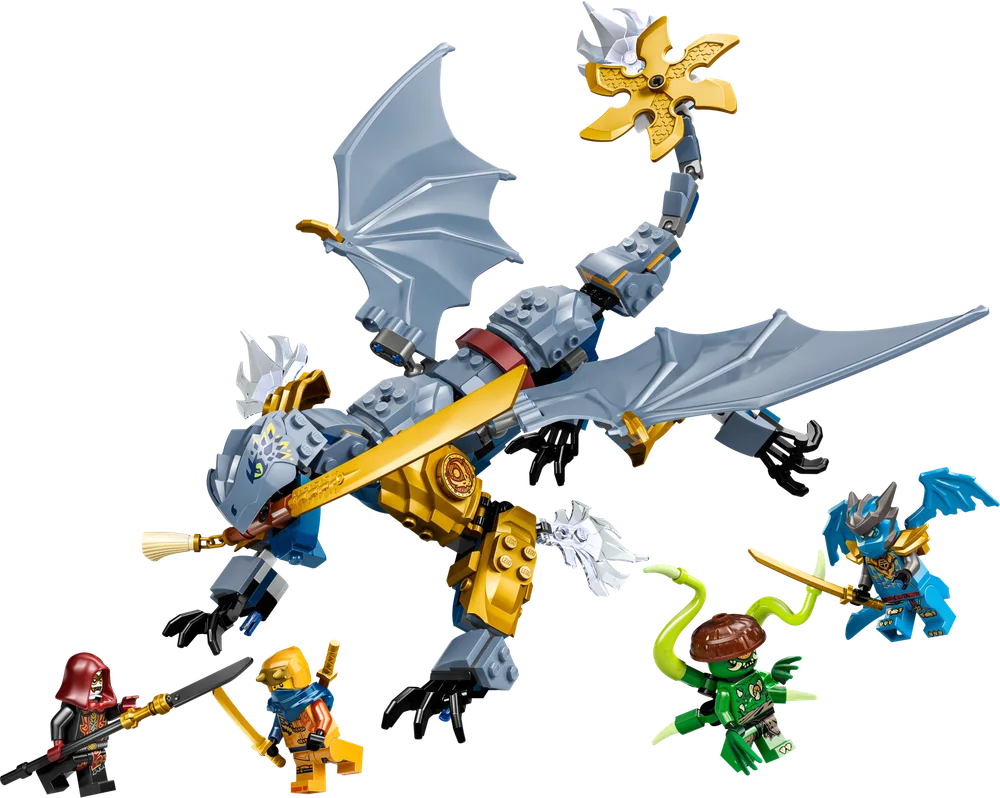 The complete LEGO Ninjago 71855 set, showing the grey and gold Ninja Dragon Riyu with articulated wings and tail, posed dynamically in flight above four minifigures: Jay, Arin, the Wolf Mask Warrior, and the Wolf Mask General.