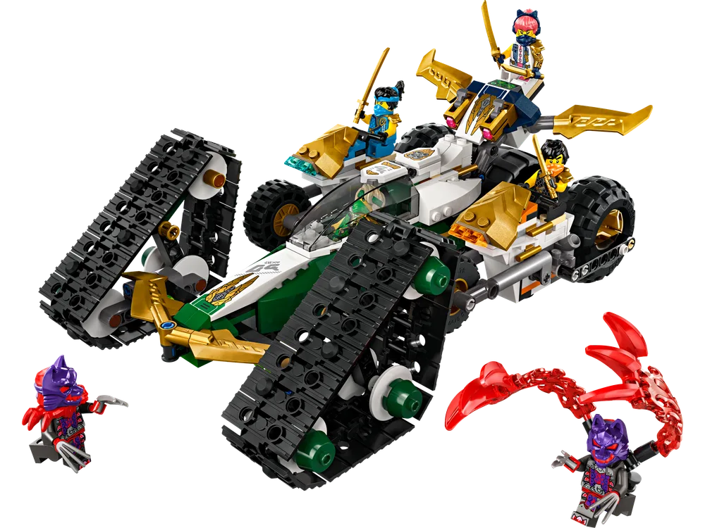 The LEGO Ninjago Team Combo Vehicle 71820 with Lloyd, Arin, Sora, and two Wolf Mask warriors, showcasing the main tank and detachable components.