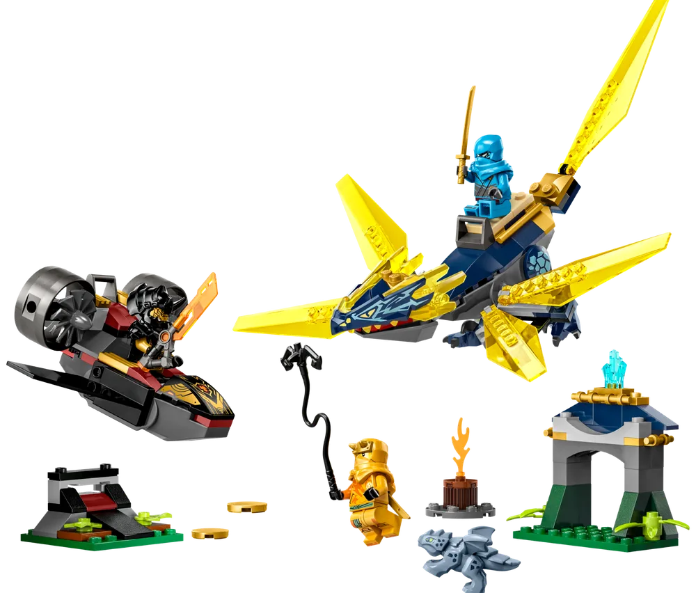 LEGO Ninjago 71798 Nya and Arin's Baby Dragon Battle set featuring a blue dragon jet, a black hovercraft, and three minifigures in action.