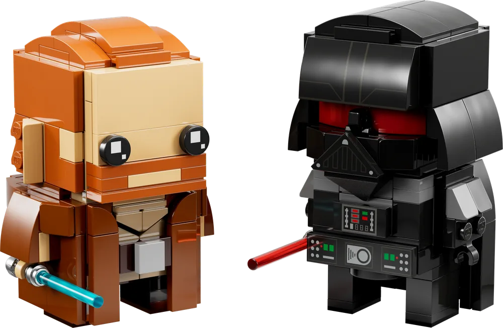 Front view of LEGO BrickHeadz Obi-Wan Kenobi and Darth Vader figures standing side-by-side, holding their lightsabers.