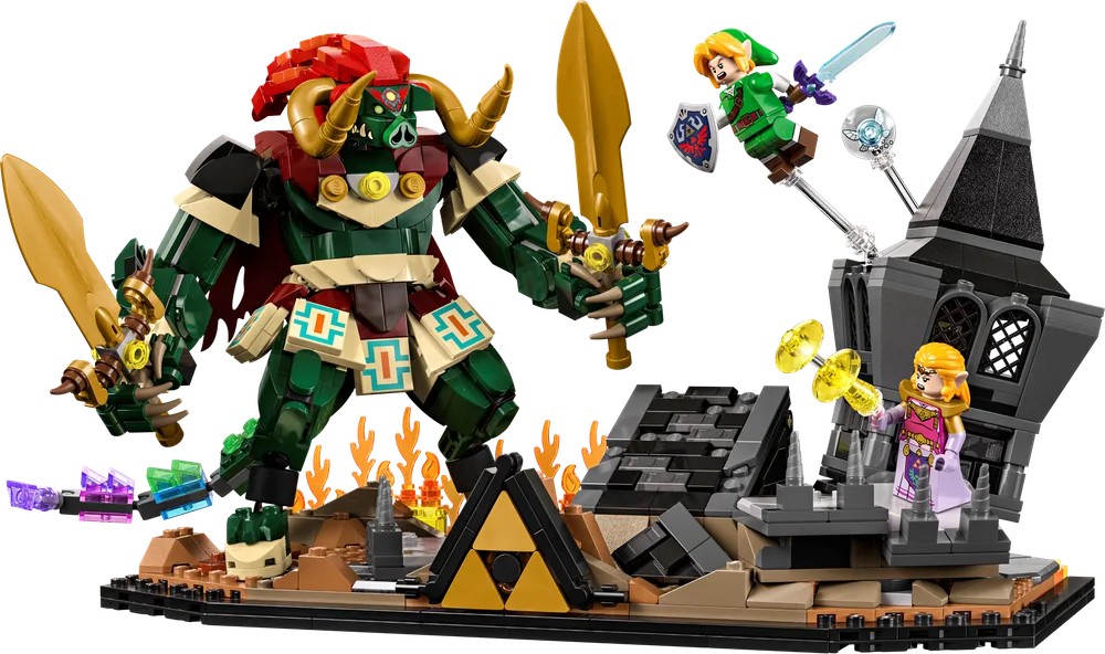 Full display of the LEGO The Legend of Zelda: Ocarina of Time – The Final Battle set, featuring Ganondorf in beast form, Link, and Princess Zelda amidst a crumbling tower and fire elements.