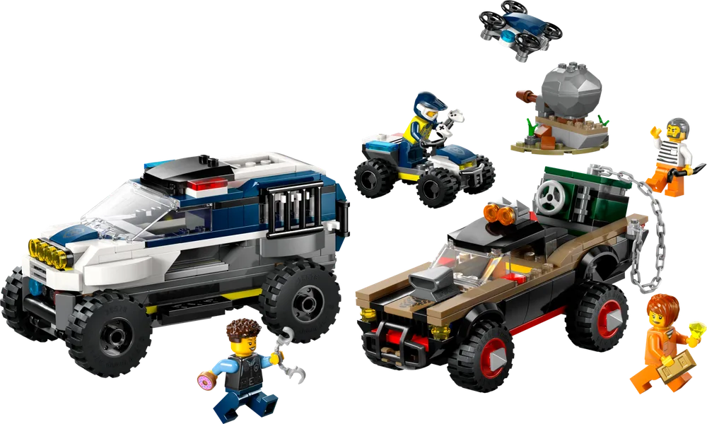 LEGO City set 60449 Off-Road Police Car Chase with police SUV, getaway truck, ATV, drone, rock trap, and four minifigures.