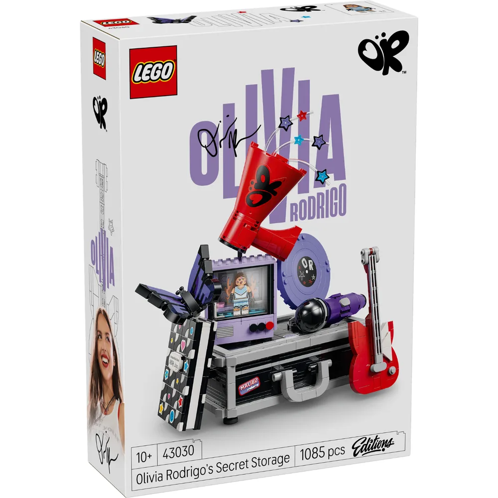LEGO Editions Olivia Rodrigo's Secret Storage set 43030 box art, featuring a white box with purple branding, showing the assembled musical themed toy with a concert case, guitar, megaphone, and TV with a minifigure.
