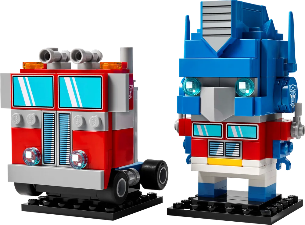 LEGO BrickHeadz Optimus Prime robot and truck modes side-by-side, showcasing iconic red and blue colors with silver details.
