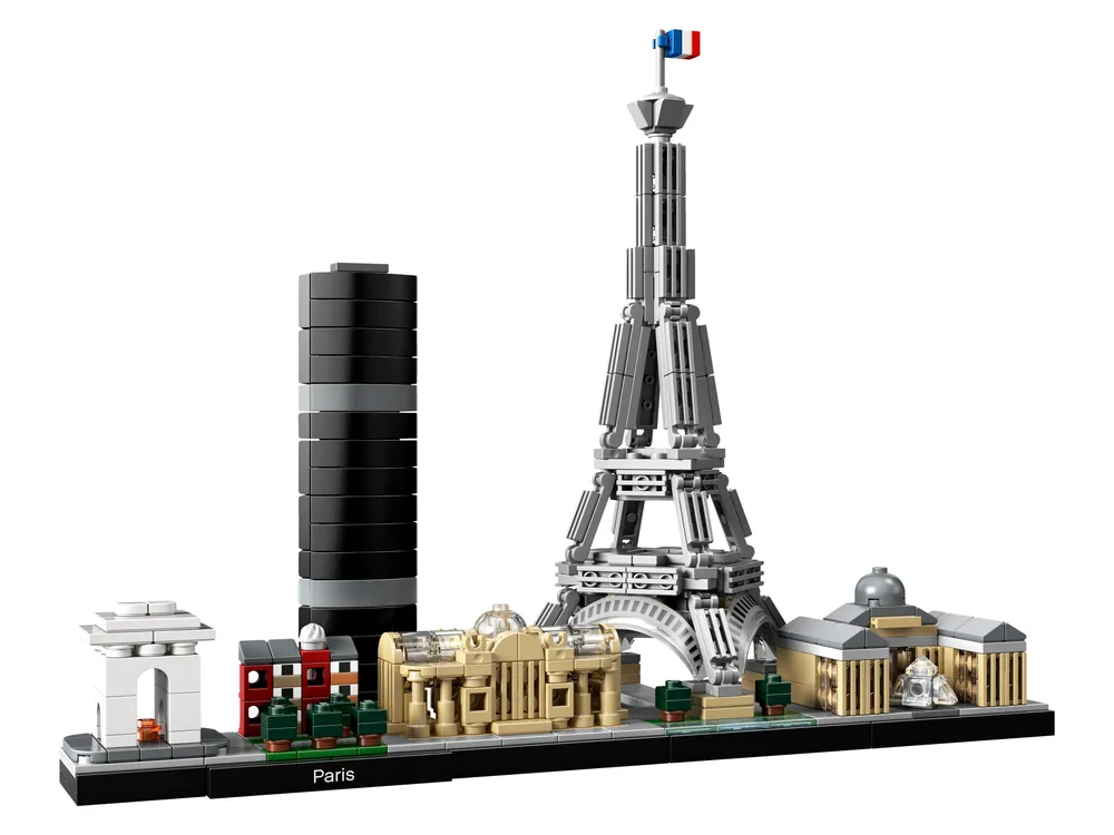 Full front view of the LEGO Architecture Paris skyline set 21044, showcasing the Arc de Triomphe, Tour Montparnasse, Eiffel Tower, Grand Palais, and the Louvre Pyramid.