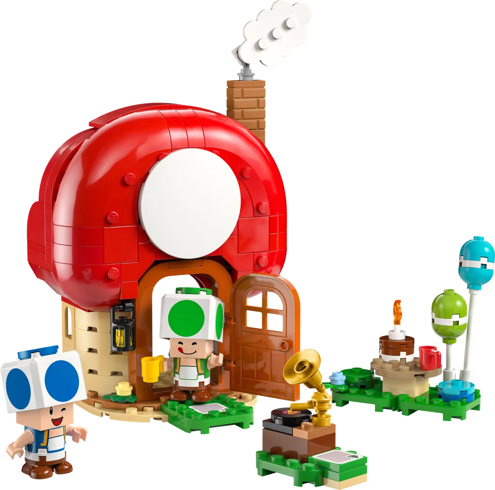 LEGO Super Mario Party at Toad's House set 72041 with Toad and Blue Toad outside a red mushroom house, surrounded by party decorations like a cake, balloons, and a gramophone.