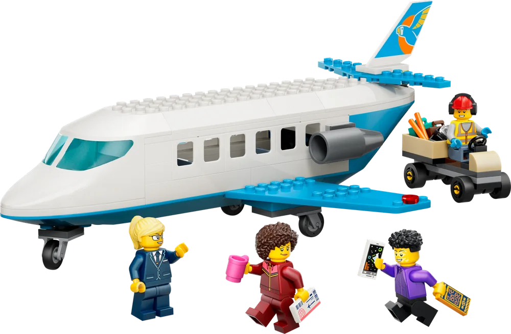 Full LEGO City Passenger Jet set with minifigures and luggage cart against a white background.