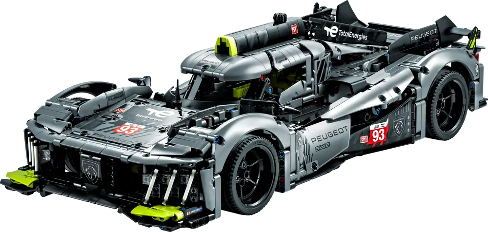 Front three-quarter view of the LEGO Technic PEUGEOT 9X8 24H Le Mans Hybrid Hypercar, showcasing its aerodynamic curves and detailed front.