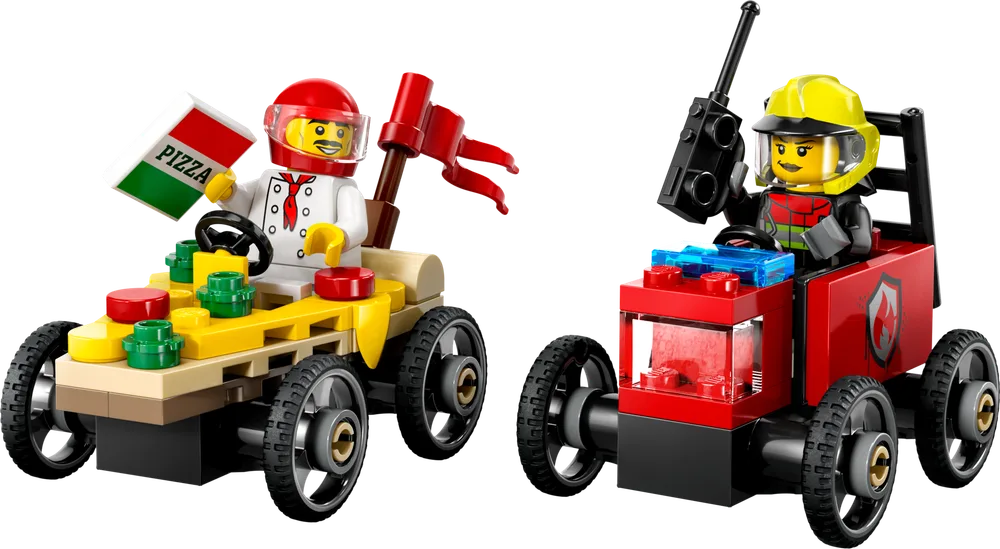 A LEGO Pizza car and a LEGO Fire Truck race car facing each other, ready for a showdown on a white background.