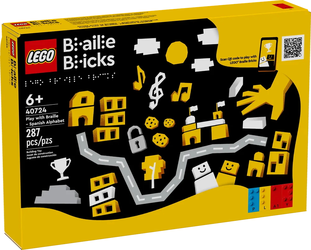 Front of the LEGO Braille Bricks – Spanish Alphabet box showing the set number, piece count, age range, and an illustration of the Braille bricks in use creating a playful scene with buildings and musical notes.