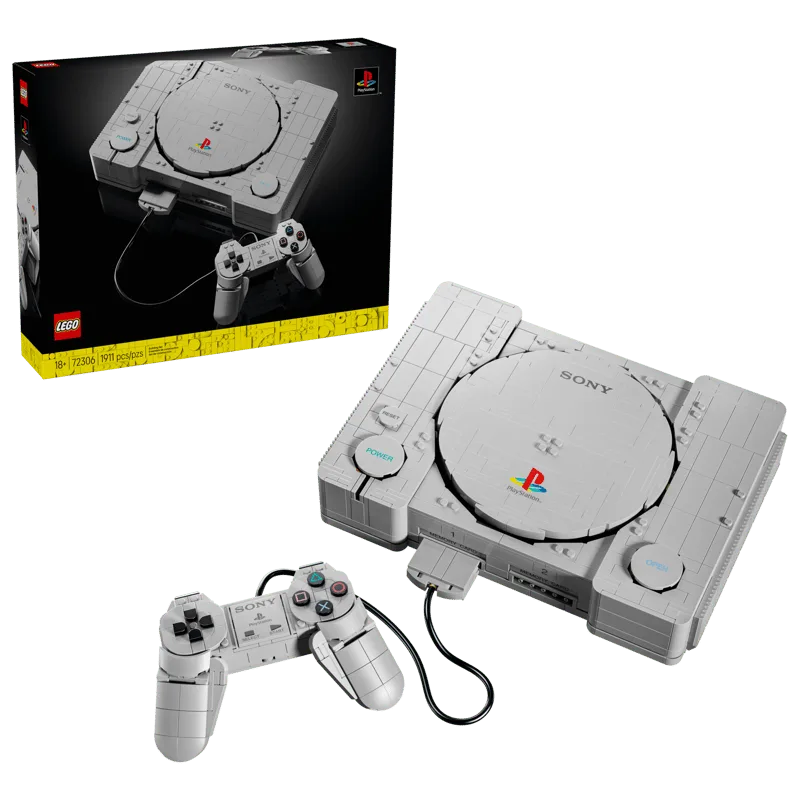 LEGO PlayStation console replica and controller next to its product box.