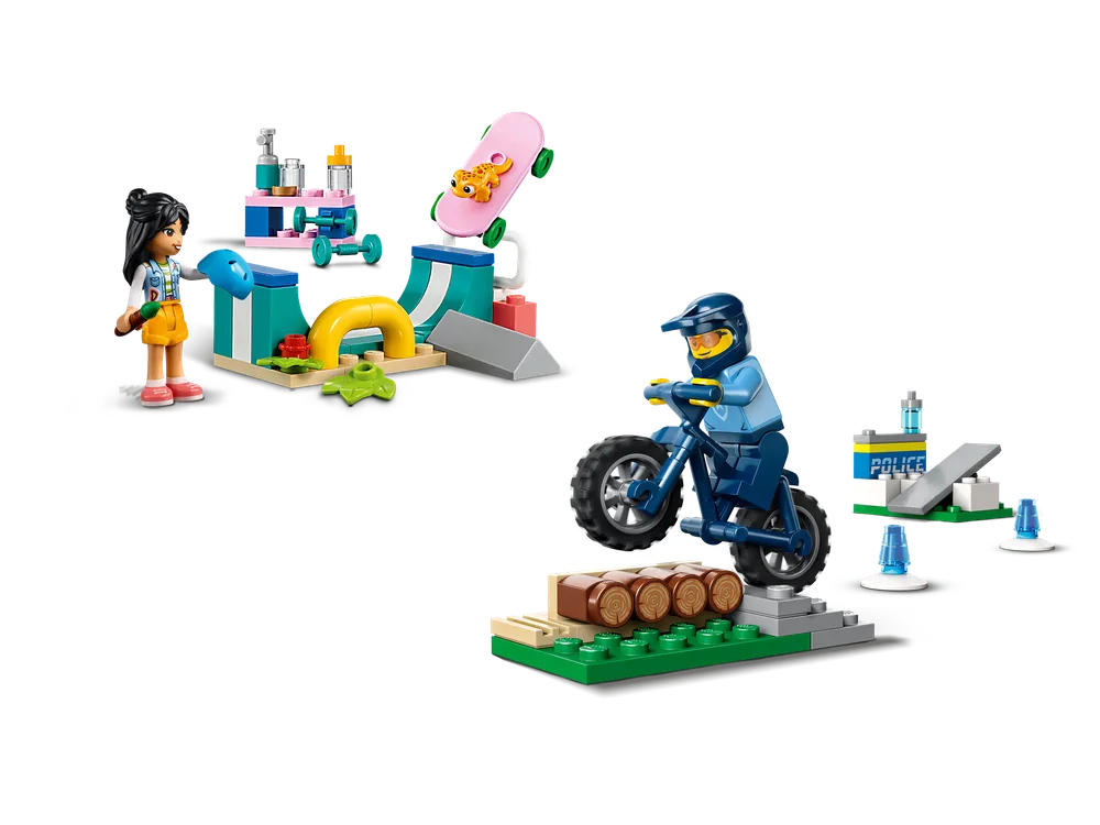 LEGO City police officer on a dirt bike obstacle course and LEGO Friends minifigure at a skate park.