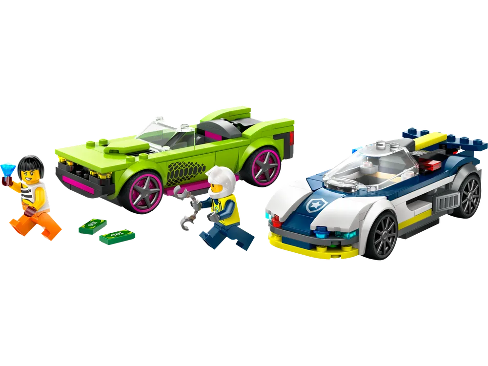 A lime green muscle car with black accents and magenta wheels is shown next to a white and blue police car with yellow stripes. Two minifigures stand between them: a thief in orange holding a blue diamond and green money tiles, and a police officer in a yellow vest and white helmet holding a gray wrench.
