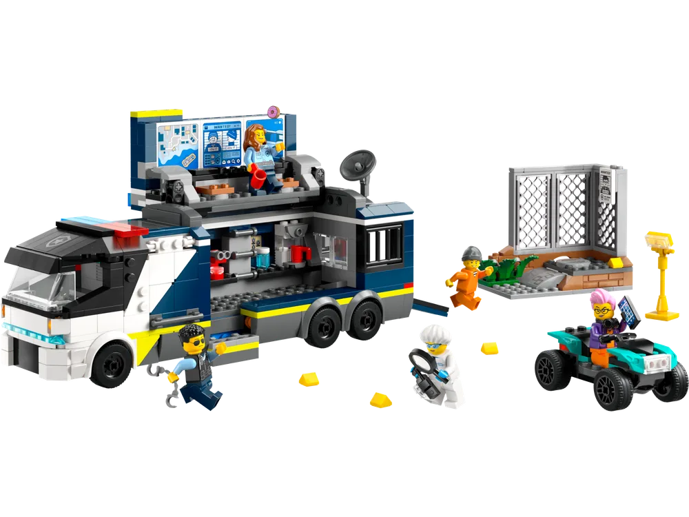 LEGO City Police Mobile Crime Lab Truck (Set 60418) fully deployed with minifigures and an escape scene.