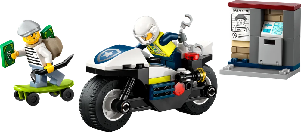 A LEGO police motorcycle with an officer, a robber on a skateboard, and a small brick-built ATM. The officer is leaning into the turn, chasing the robber who holds money and a crowbar.