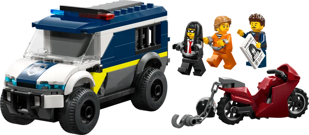 LEGO City Police Prisoner Transport Van, red motorcycle, police officer, male prisoner, and female villain minifigures.