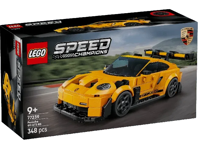 Front view of the Lego Porsche 911 GT3 RS Super Car 77239 box, showcasing the yellow car on a track.