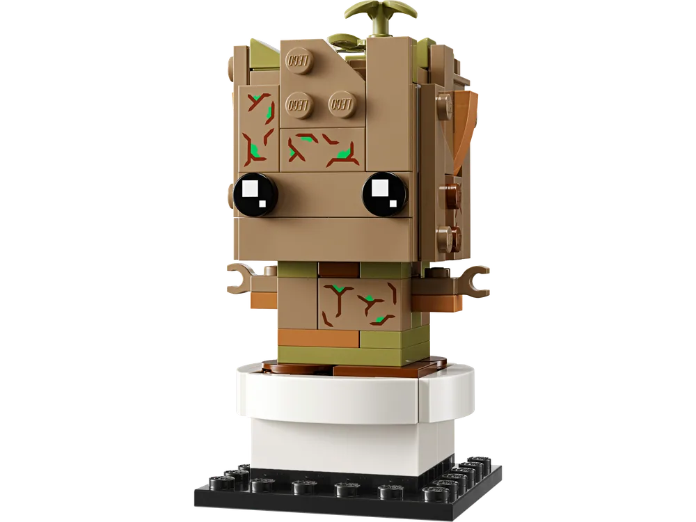 Front view of the LEGO BrickHeadz 40671 Potted Groot build, featuring his characteristic bark-like texture and expressive eyes, standing on a black display base.