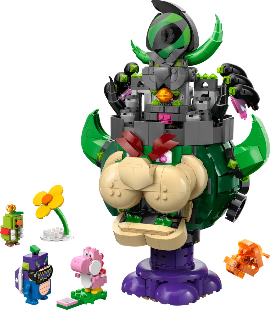 Full view of LEGO Super Mario 72042 Prince Florian & Castle Bowser set, featuring a large Bowser head fortress, Prince Florian, Pink Yoshi, Spike, and a Fire Bro projectile.