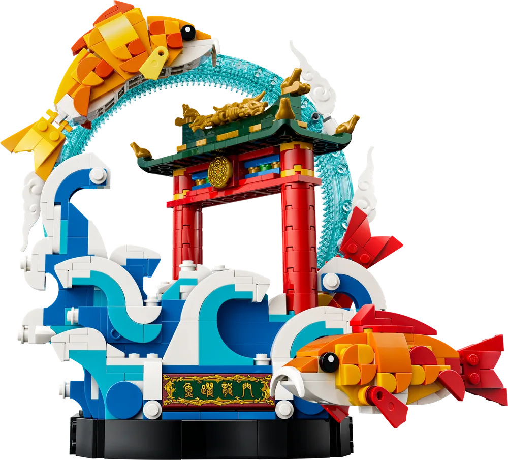 Front view of the LEGO Prosperity Carp Leaping display set, featuring two orange and yellow carp jumping over a blue and white wave base with a red and green pagoda-style gate.