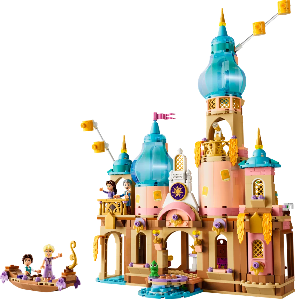 LEGO Disney Princess Rapunzel's Castle 43297 set with Rapunzel, Flynn Rider, Queen Arianna, and Pascal in a boat.