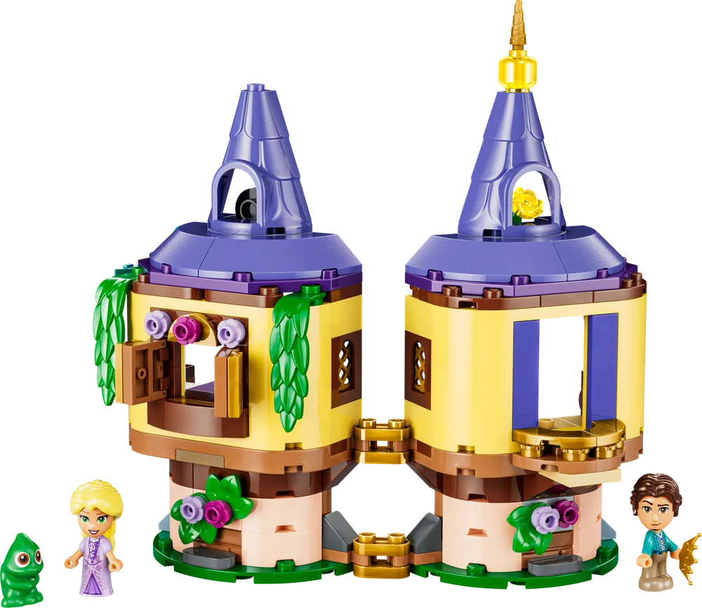 Two hinged LEGO Disney Rapunzel's Mini Tower sections opened, showcasing Rapunzel, Flynn Rider, and Pascal minifigures.