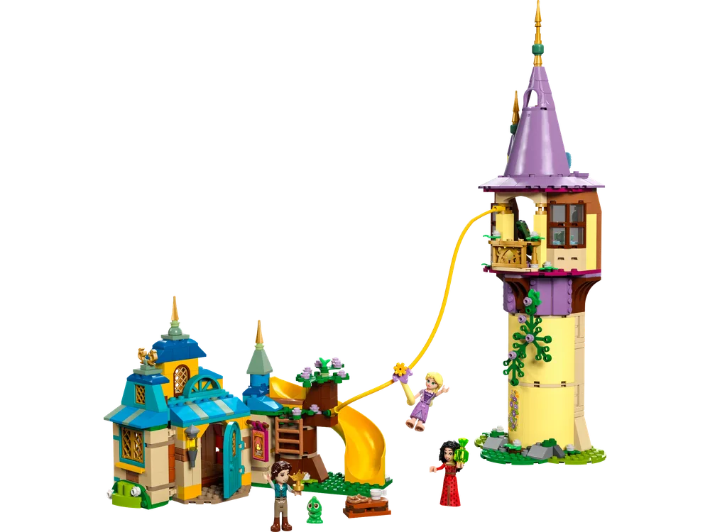 LEGO Disney Rapunzel's Tower & The Snuggly Duckling set with Rapunzel on a zip-line, Flynn Rider, Mother Gothel, and Pascal against a white background.